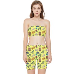 Tropical Island Tiki Parrots, Mask And Palm Trees Stretch Shorts And Tube Top Set by DinzDas