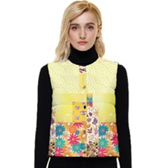 Yellow Floral Aesthetic Women s Short Button Up Puffer Vest by designsbymallika