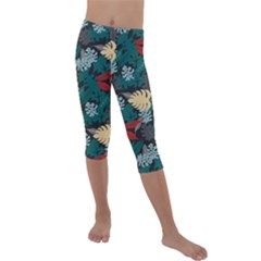 Tropical Autumn Leaves Kids  Lightweight Velour Capri Leggings  by tmsartbazaar