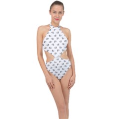 Funny Monster Feline Drawing Motif Pattern Halter Side Cut Swimsuit by dflcprintsclothing