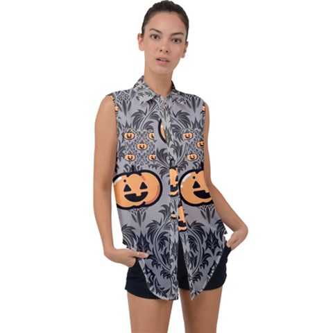 Pumpkin Pattern Sleeveless Chiffon Button Shirt by NerdySparkleGoth