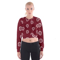 White Skulls On Red Shiny Background Cropped Sweatshirt by SychEva