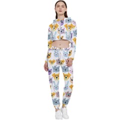 Funny Animal Faces With Glasses On A White Background Cropped Zip Up Lounge Set by SychEva