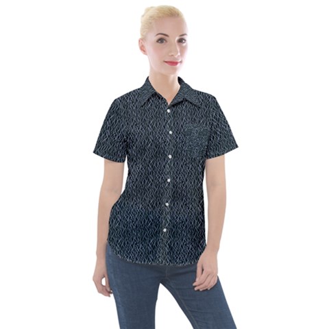 Blue Stripes On Dark Background Women s Short Sleeve Pocket Shirt by SychEva
