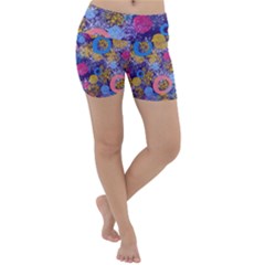 Multicolored Splashes And Watercolor Circles On A Dark Background Lightweight Velour Yoga Shorts by SychEva