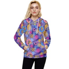 Multicolored Splashes And Watercolor Circles On A Dark Background Women s Lightweight Drawstring Hoodie by SychEva