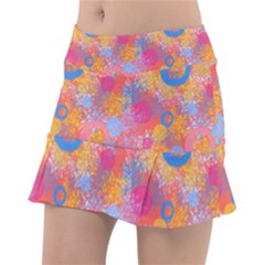 Multicolored Splashes And Watercolor Circles On A Dark Background Classic Tennis Skirt by SychEva