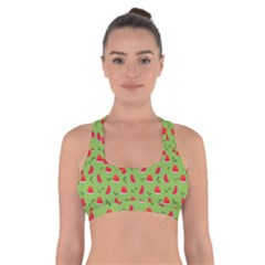 Juicy Slices Of Watermelon On A Green Background Cross Back Sports Bra by SychEva