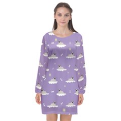 Pug Dog On A Cloud Long Sleeve Chiffon Shift Dress  by SychEva