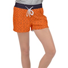 Halloween, Black Bats Pattern On Orange Velour Lounge Shorts by Casemiro