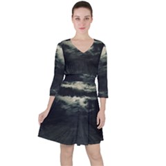 Dark Night Landscape Scene Quarter Sleeve Ruffle Waist Dress by dflcprintsclothing