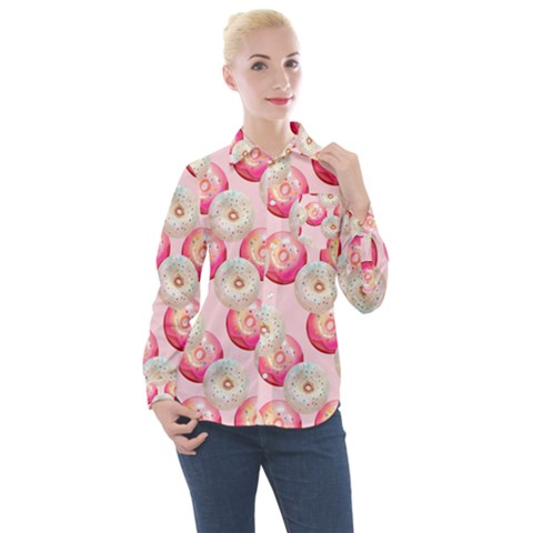 Pink And White Donuts Women s Long Sleeve Pocket Shirt by SychEva