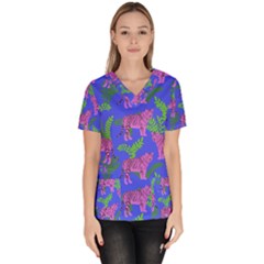 Pink Tigers On A Blue Background Women s V-neck Scrub Top by SychEva