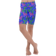 Pink Tigers On A Blue Background Kids  Lightweight Velour Cropped Yoga Leggings by SychEva