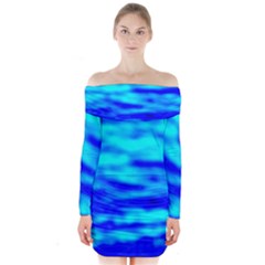 Blue Waves Abstract Series No12 Long Sleeve Off Shoulder Dress by DimitriosArt