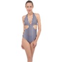 Minimalistic black and white stripes, vertical lines pattern Halter Front Plunge Swimsuit View1