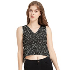 Pixel Grid Dark Black And White Pattern V-neck Cropped Tank Top by dflcprintsclothing