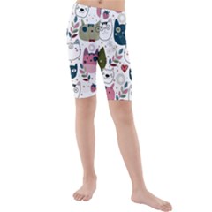 Pattern With Cute Cat Heads Kids  Mid Length Swim Shorts
