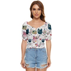Pattern With Cute Cat Heads Button Up Blouse