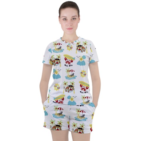 Vector-pattern-with-funny-animals-cartoon-summer-holiday-beach Women s Tee And Shorts Set by Jancukart