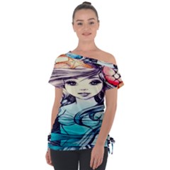 Beautifull Ariel Little Mermaid  Painting Off Shoulder Tie-up Tee