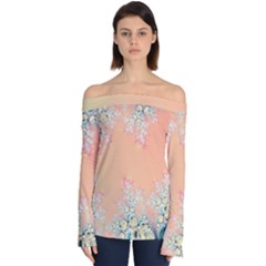 Peach Spring Frost On Flowers Fractal Off Shoulder Long Sleeve Top by Artist4God