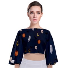 Halloween Ghost Pumpkin Bat Skull Tie Back Butterfly Sleeve Chiffon Top by artworkshop