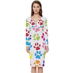 Paw Print Long Sleeve V-neck Bodycon Dress  by artworkshop