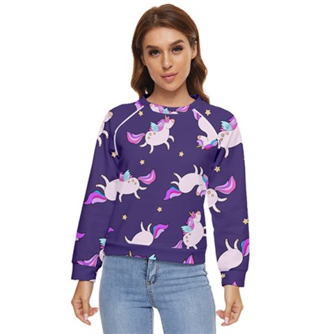 Fantasy-fat-unicorn-horse-pattern-fabric-design Women s Long Sleeve Raglan Tee by Jancukart