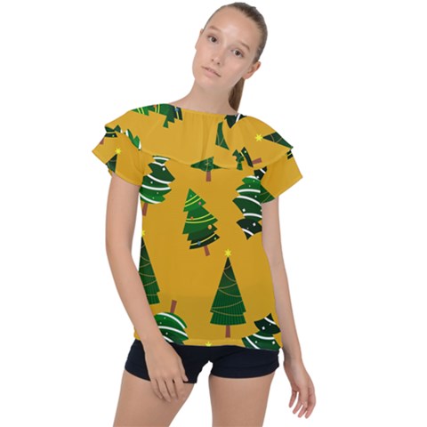 Christmas Tree,yellow Ruffle Collar Chiffon Blouse by nate14shop