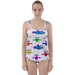 Fish Swim Cartoon Funnycute Twist Front Tankini Set