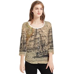 Ship Map Navigation Vintage Chiffon Quarter Sleeve Blouse