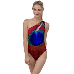 Red Peacock Plumage Fearher Bird Pattern To One Side Swimsuit by Wegoenart
