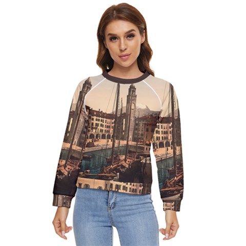The Harbor, Riva, Lake Garda, Italy 1890-1900 2 Background Brown Women s Long Sleeve Raglan Tee by ConteMonfrey