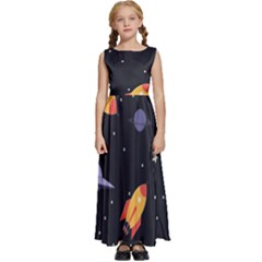 Cosmos Rocket Spaceships Ufo Kids  Satin Sleeveless Maxi Dress by Wegoenart
