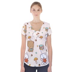Illustration Bear Cartoon Background Pattern Short Sleeve Front Detail Top