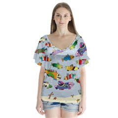 Fish Ocean Sea Water Diving Blue Nature V-neck Flutter Sleeve Top