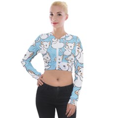 Seamless-little-cat-dragonfly-pattern Long Sleeve Cropped Velvet Jacket