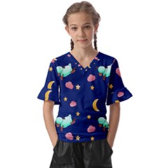 Sleepy Sheep Star And Moon Kids  V-neck Horn Sleeve Blouse by danenraven