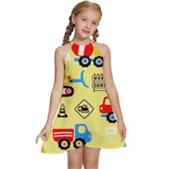 Seamless Pattern Vector Industrial Vehicle Cartoon Kids  Halter Collar Waist Tie Chiffon Dress by Jancukart