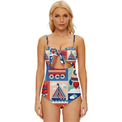 Toy Transport Cartoon Seamless-pattern-with-airplane-aerostat-sail Yacht Vector Illustration Knot Front One-piece Swimsuit by Jancukart