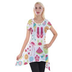 Flamingo Bird Nature Illustration Summer Beach Short Sleeve Side Drop Tunic by Jancukart