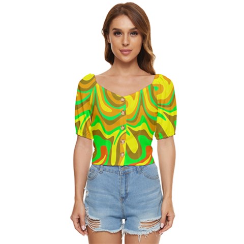 Groovy Wavy Pattern Colorful Pattern Button Up Blouse by Wegoenart