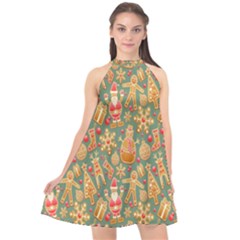 Pattern-santa Halter Neckline Chiffon Dress 