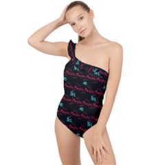 Doodle Lettering Background Frilly One Shoulder Swimsuit
