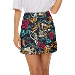 Vintage Art Tattoos Colorful Seamless Pattern Mini Front Wrap Skirt by Ravend