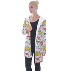 Seamless Pattern With Many Funny Cute Superhero Dinosaurs T-rex Mask Cloak With Comics Style Longline Hooded Cardigan by Ravend
