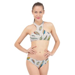 Vector-boho-doodle-feathers-seamless-pattern-illustration High Neck Bikini Set