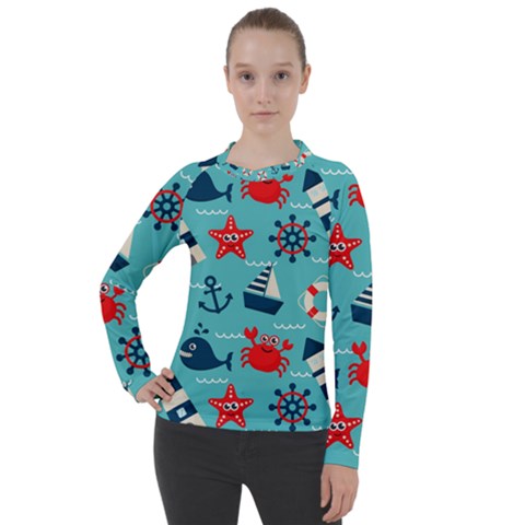 Seamless-pattern-nautical-icons-cartoon-style Women s Pique Long Sleeve Tee by Jancukart