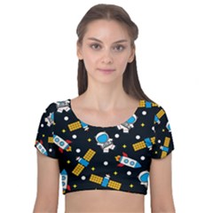Seamless Adventure Space-vector Pattern Background Velvet Short Sleeve Crop Top 